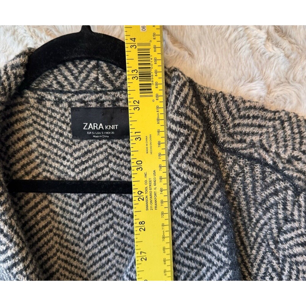 ZARA Sweater Cardigan Small Herringbone Dark Brown Black Open Front Black Trim - Picture 9 of 9